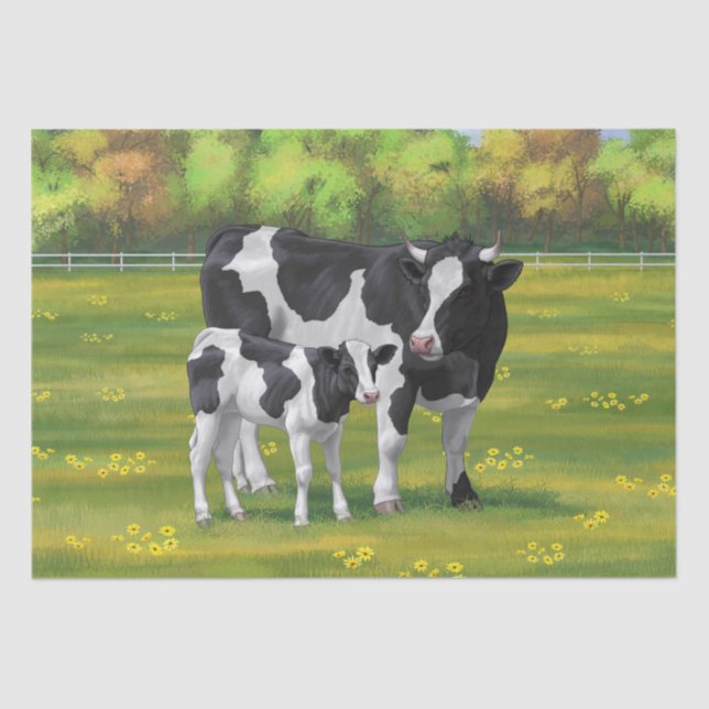 Holstein Cow & Cute Calf in Summer Pasture Tissue Paper (Front)