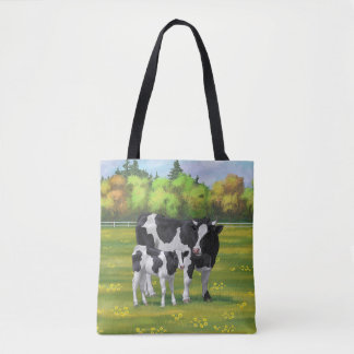 Holstein Cow & Cute Calf in Summer Pasture Tote Bag