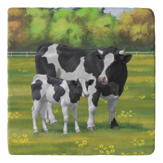 Holstein Cow & Cute Calf in Summer Pasture Trivet