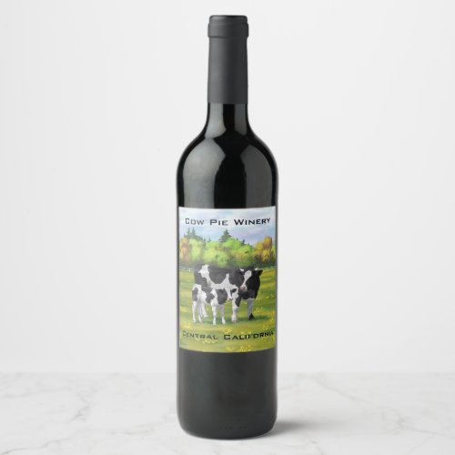 Holstein Cow  Cute Calf in Summer Pasture Wine Label