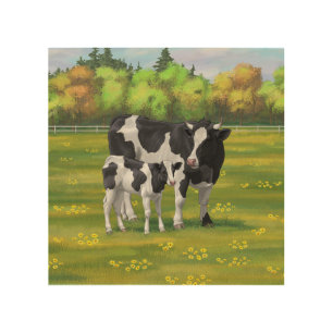 Holstein Cow & Cute Calf in Summer Pasture Wood Wall Art