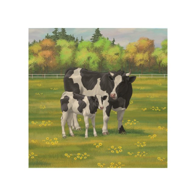Holstein Cow & Cute Calf in Summer Pasture Wood Wall Art (Front)