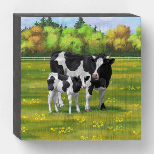 Holstein Cow & Cute Calf in Summer Pasture Wooden Box Sign