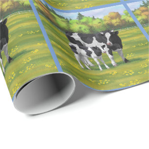 Holstein Cow & Cute Calf in Summer Pasture Wrapping Paper