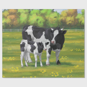 Holstein Cow & Cute Calf in Summer Pasture Wrapping Paper