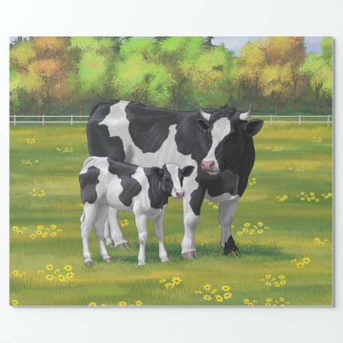 Holstein Cow  Cute Calf in Summer Pasture Wrapping Paper