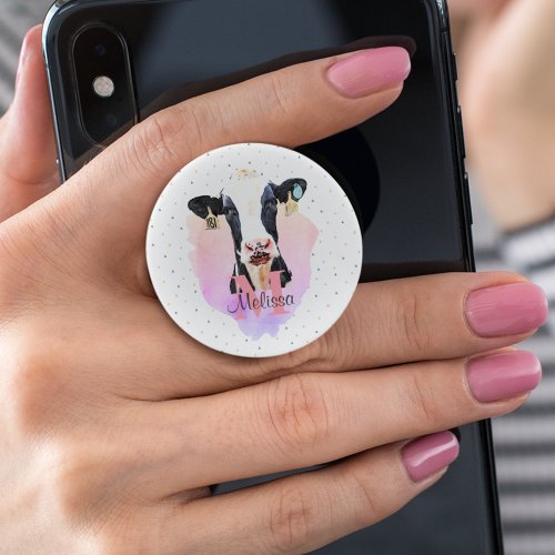 Holstein Cow Cute Pink Name Monogram Animal PopSocket