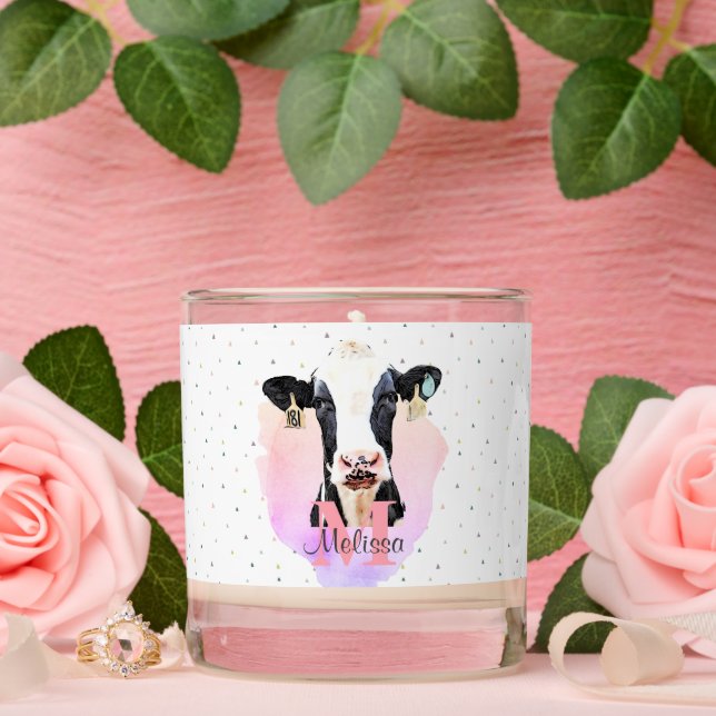 Holstein Cow Cute Pink Name Monogram Animal Scented Candle (Wedding)