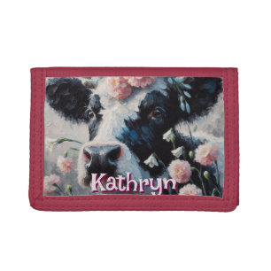 Holstein Cow Flowers Farm Farmhouse Personalized Tri-fold Wallet