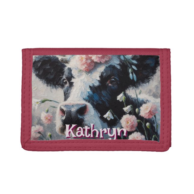 Holstein Cow Flowers Farm Farmhouse Personalized Trifold Wallet (Front)