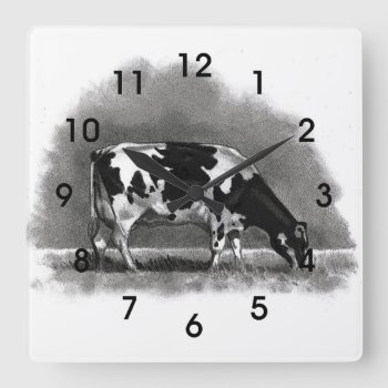 Holstein Cow Grazing: Original Pencil Art Square Wall Clock by joyart at Zazzle