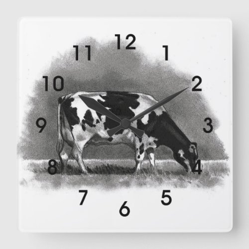 Holstein Cow Grazing Original Pencil Art Square Wall Clock