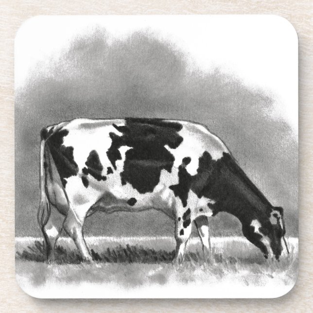 Holstein Cow Grazing: Realism Pencil Drawing Beverage Coaster (Front)