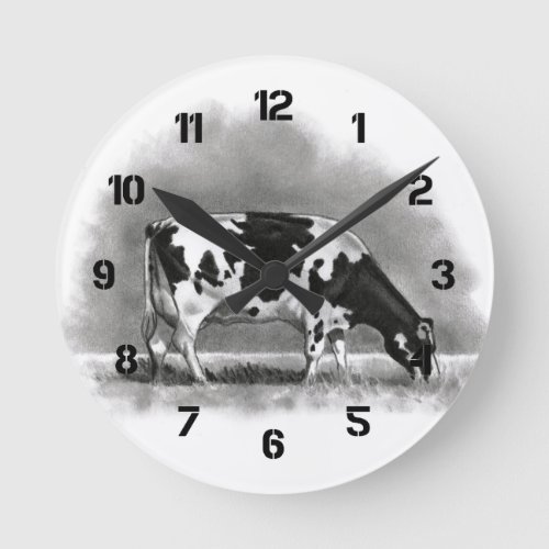 Holstein Cow Grazing Realism Pencil Drawing Round Clock
