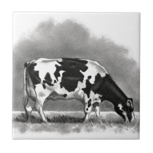 Holstein Cow Grazing: Realism Pencil Drawing Tile