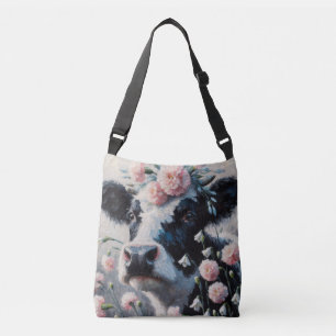 Holstein Cow in Flowers Carnations Painting Crossbody Bag
