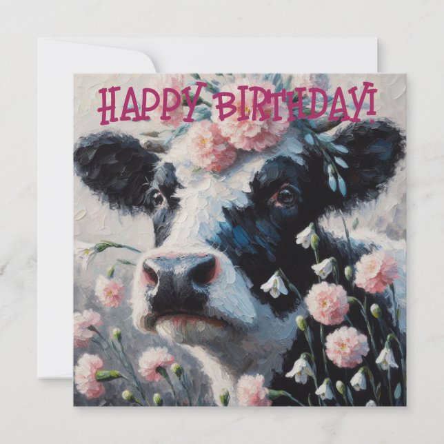 Holstein Cow in Flowers Farm Birthday Card (Front)