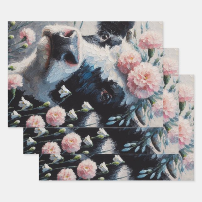 Holstein Cow in Flowers Farm Farmhouse Decoupage Wrapping Paper Sheets (Set)
