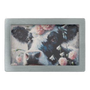 Holstein Cow in Flowers Farm Farmhouse Painting Belt Buckle