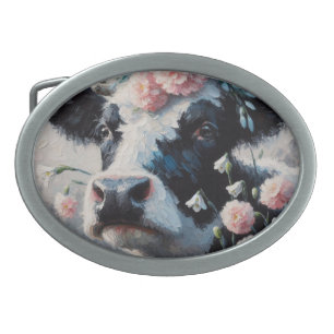 Holstein Cow in Flowers Farm Farmhouse Painting Belt Buckle