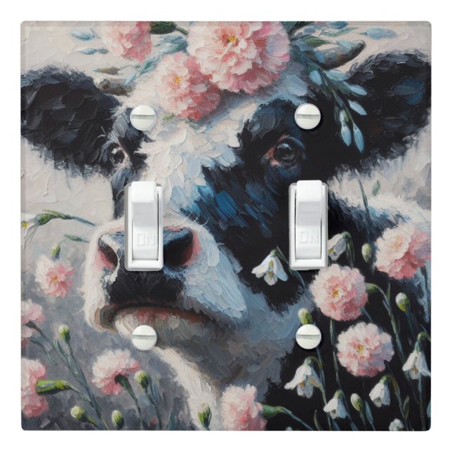 Holstein Cow in Flowers Farm Farmhouse Painting Light Switch Cover (In Situ)