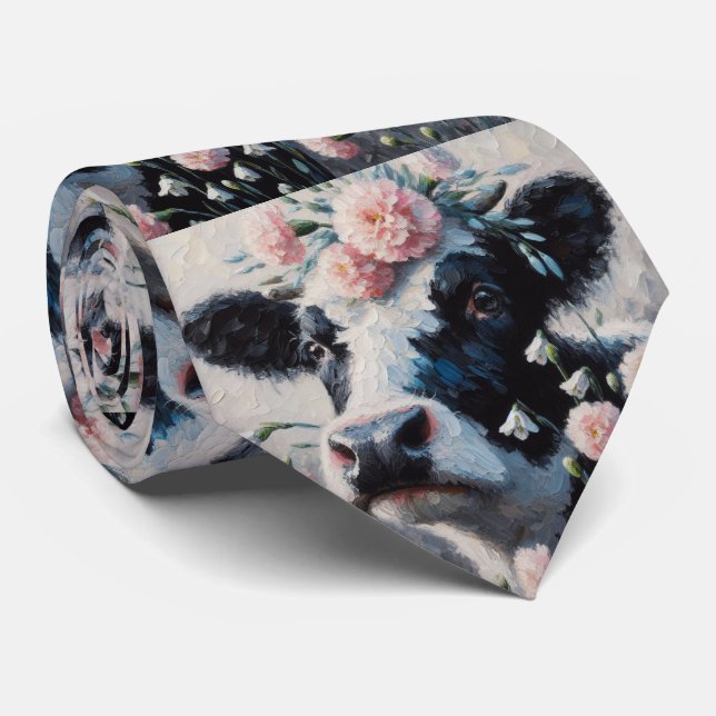 Holstein Cow in Flowers Farm Farmhouse Painting Neck Tie (Rolled)