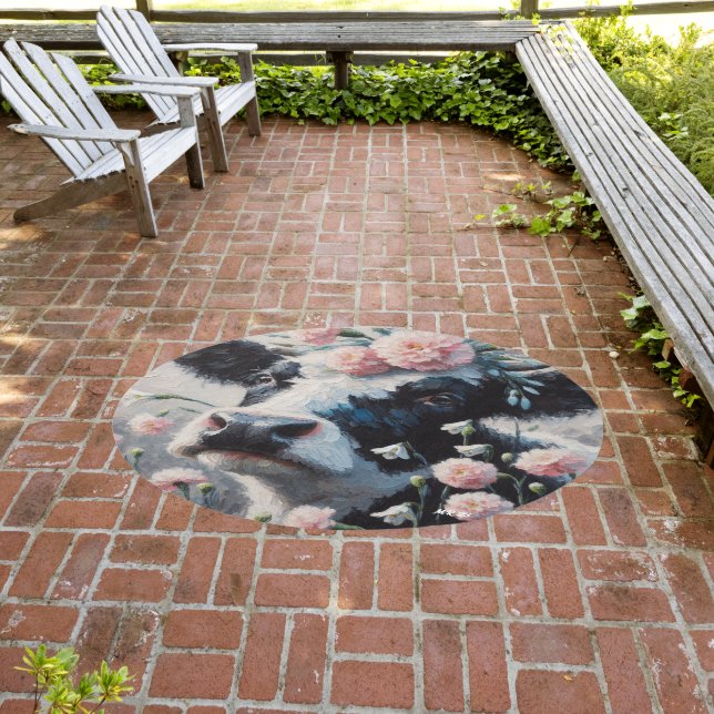 Holstein Cow in Flowers Farm Farmhouse Painting Outdoor Rug (Insitu (Outdoor 3))