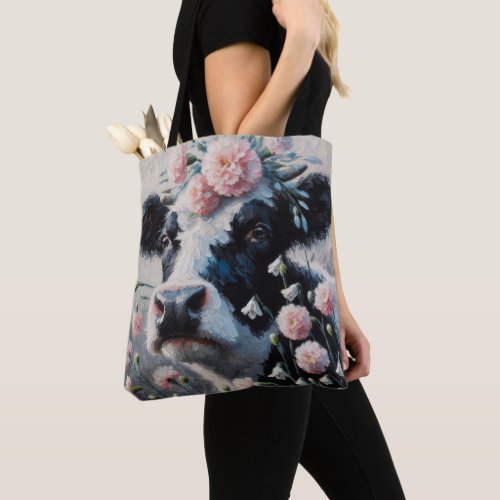 Holstein Cow in Flowers Farm Farmhouse Painting Tote Bag