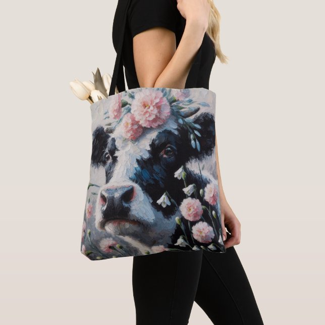 Holstein Cow in Flowers Farm Farmhouse Painting Tote Bag (Close Up)