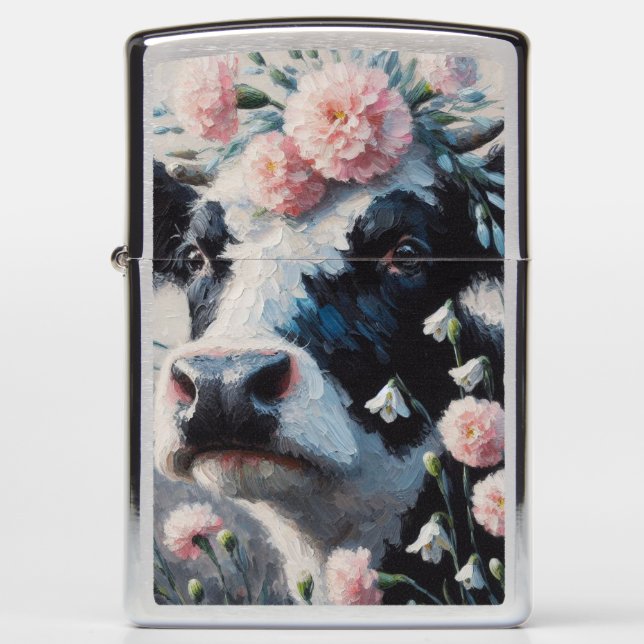 Holstein Cow in Flowers Farm Farmhouse Painting Zippo Lighter (Front)
