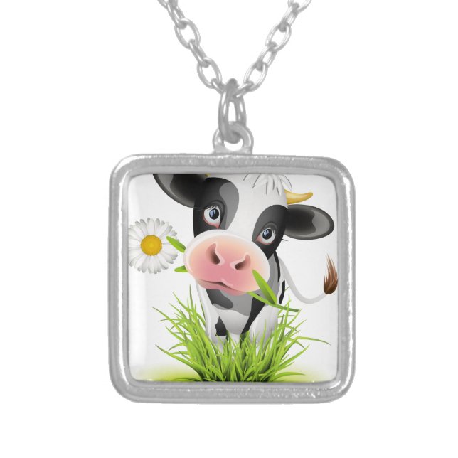 Holstein cow in grass silver plated necklace (Front)
