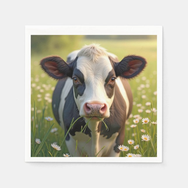Holstein Cow In Green Pasture With Daisies Napkins (Front)