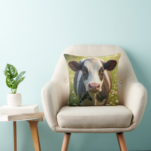 Holstein Cow In Green Pasture With Daisies Throw Pillow