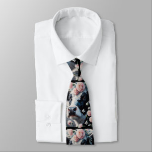 Holstein Cow in Pink Carnation Flowers Black White Neck Tie