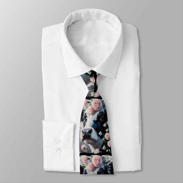 Holstein Cow in Pink Carnation Flowers Black White Neck Tie (Tied)