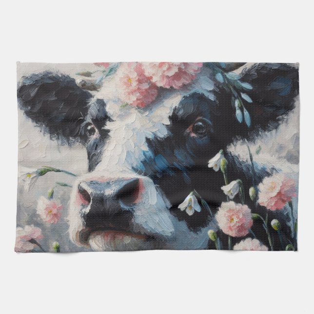 Holstein Cow in Pink Carnations Painting  Kitchen Towel (Horizontal)
