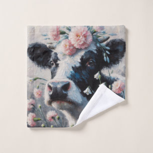 Holstein Cow in Pink Carnations Painting Wash Cloth