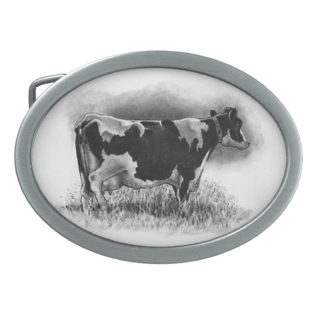 Holstein Cow: Pencil Drawing: Realism: Dairy, Farm Oval Belt Buckle (Front)