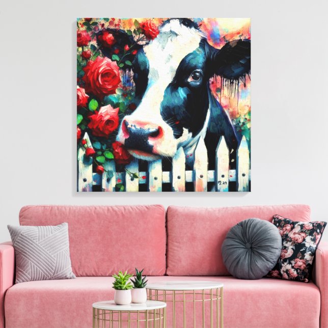 Holstein Cow Picket Fence Red Roses Black Red Canvas Print (Insitu(LivingRoom))