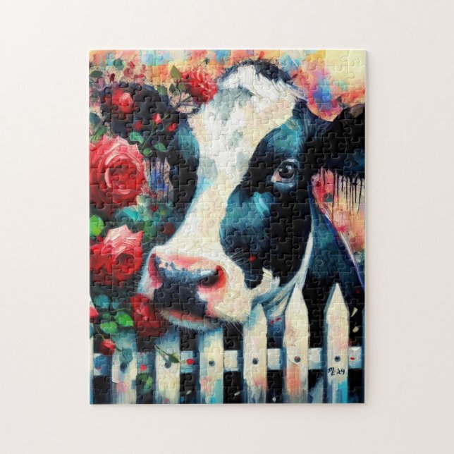 Holstein Cow Picket Fence Red Roses Black Red Jigsaw Puzzle (Vertical)