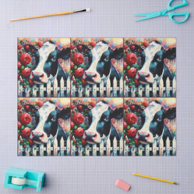 Holstein Cow Picket Fence Red Roses Decoupage Tissue Paper (Craft)