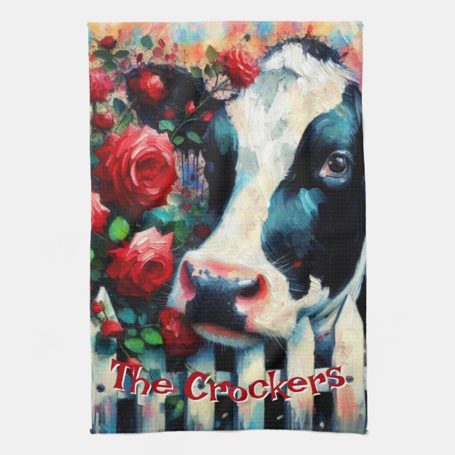 Holstein Cow Picket Fence Red Roses Personalized Kitchen Towel (Vertical)