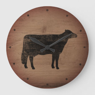 Holstein Cow Silhouette Faux Weathered Wood Rustic Large Clock