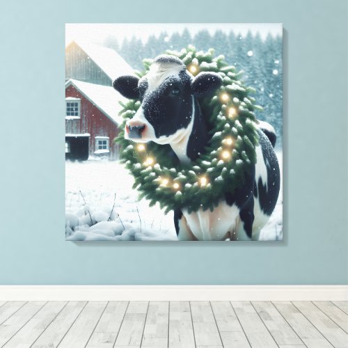 Holstein Cow Wearing a Christmas Wreath Canvas Print