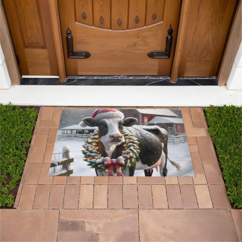 Holstein Cow Wearing a Christmas Wreath Doormat