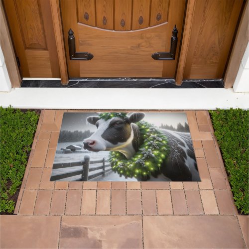 Holstein Cow Wearing a Christmas Wreath Doormat