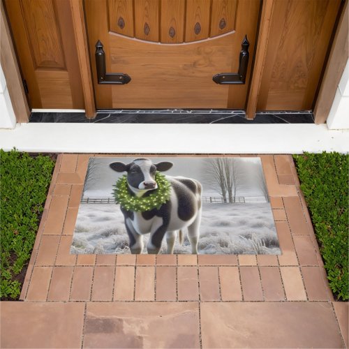 Holstein Cow Wearing a Christmas Wreath Doormat