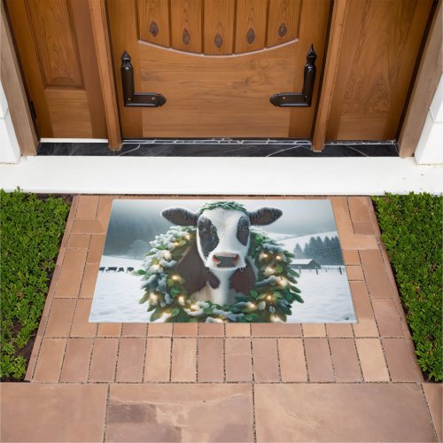 Holstein Cow Wearing a Christmas Wreath Doormat