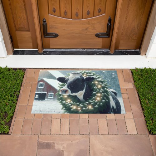 Holstein Cow Wearing a Christmas Wreath Doormat