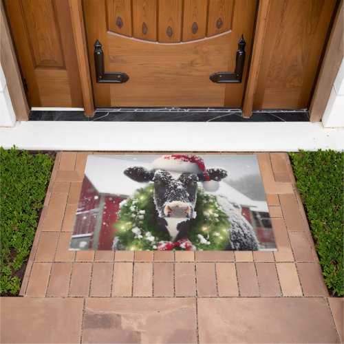 Holstein Cow Wearing a Christmas Wreath Doormat